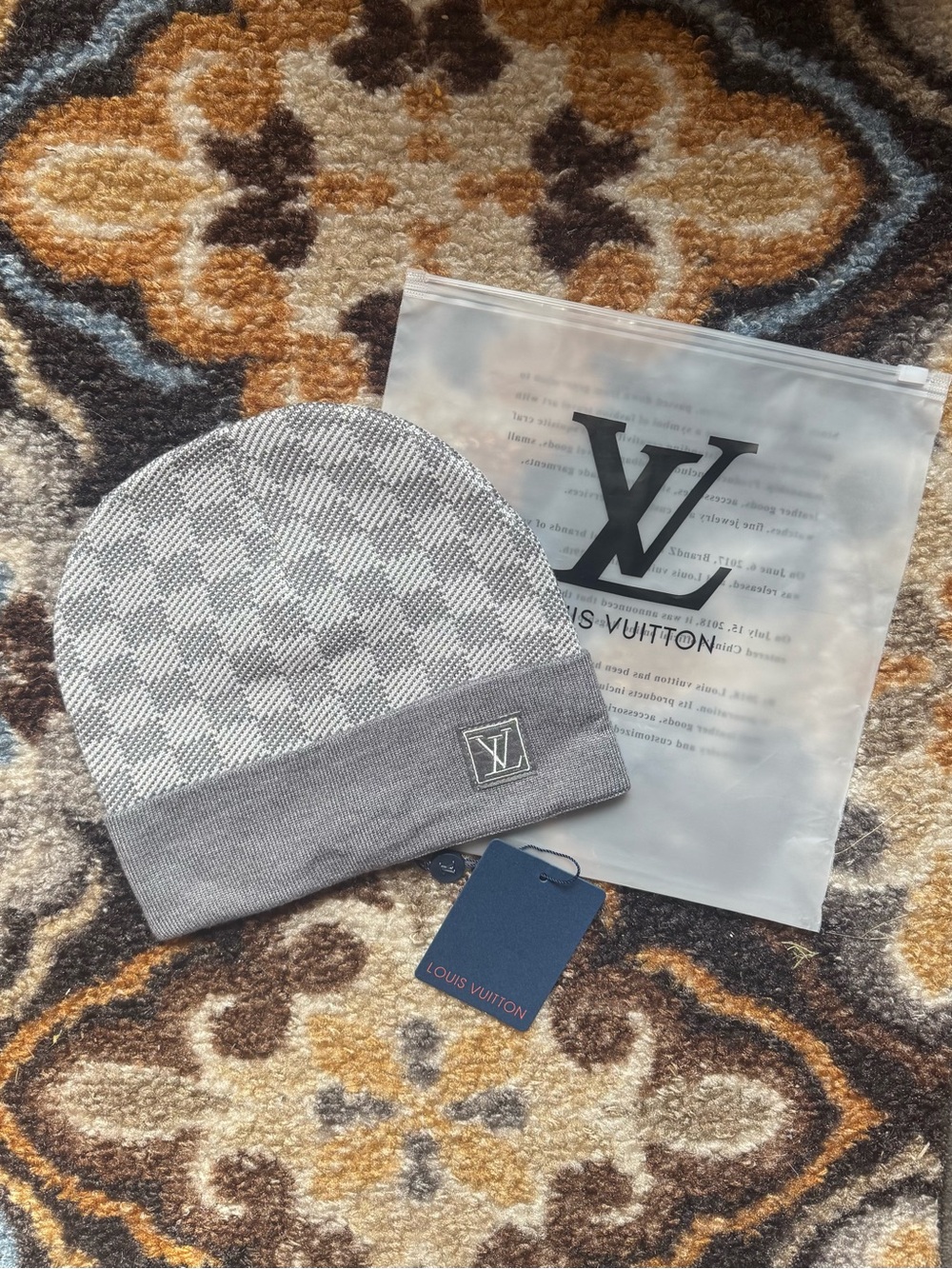 Louis Vuitton Gray Checker Knit Beanie with LV Patch